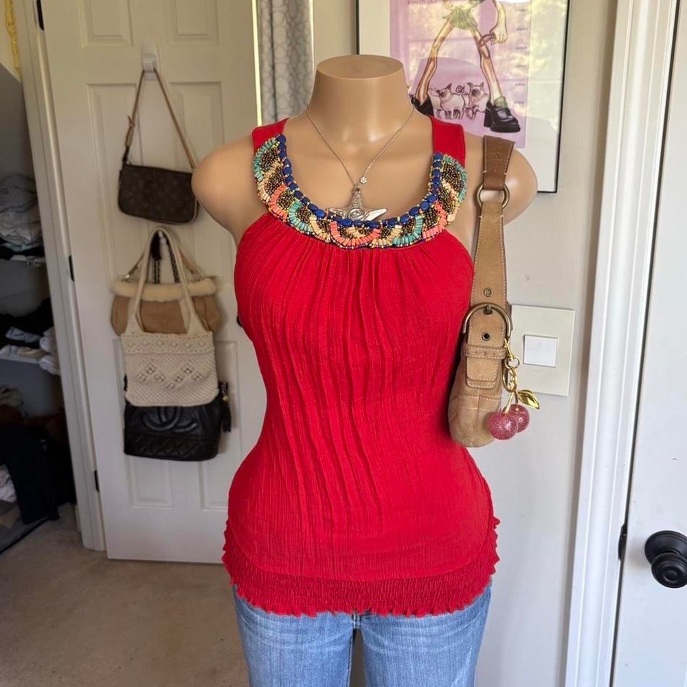 Y2K 2000s avant garde Red Beaded Embellished Boho Tank Top